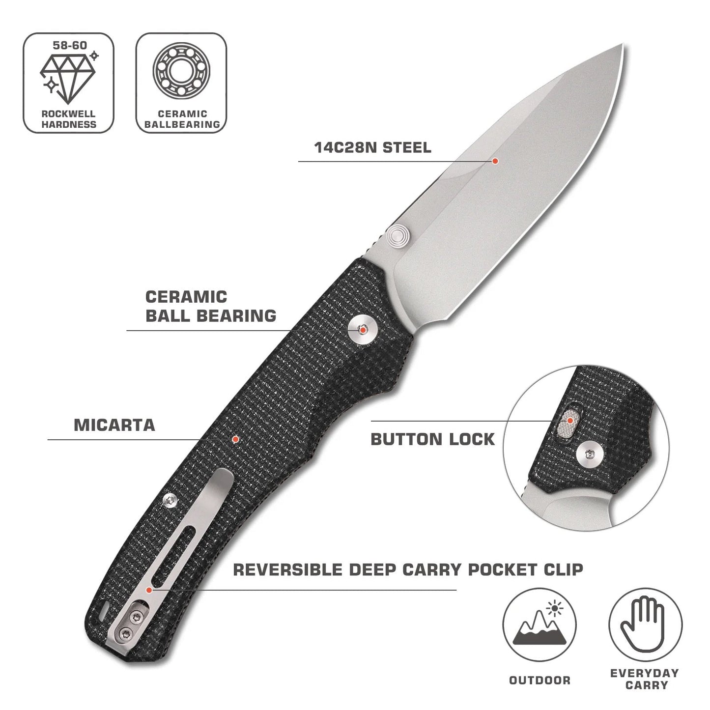 Remette WD107MGB – 3.11" 14C28N Drop Point Folding Knife, Black Micarta Handles with Button Lock