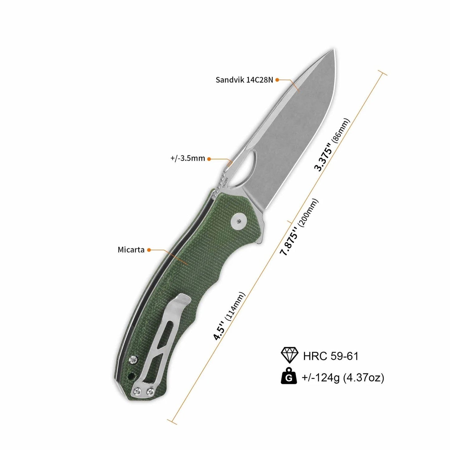 QSP Gorilla 3.37in Stonewashed 14C28N Blade Green Micarta Handle QS153-C1