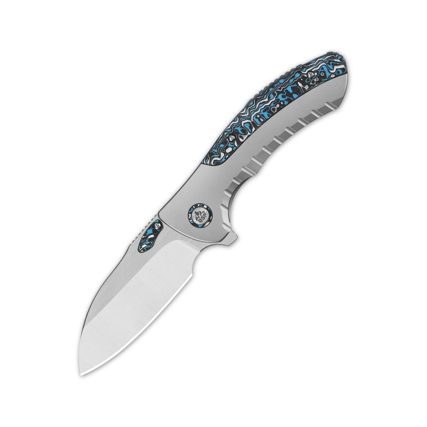 QSP Capybara 3in Satin BÃ¶hler M390 Blade Bead Blast Titanium Handle w/ Blue Camo Carbon Fiber Inlay QS152-A1