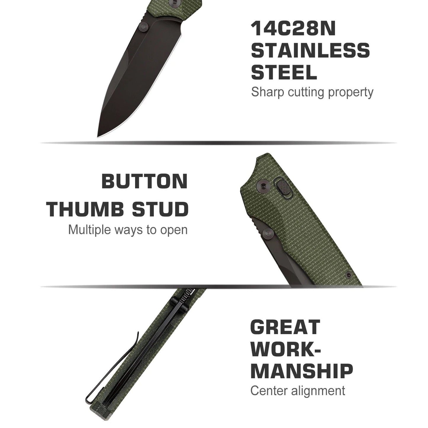 Remette WD107M – 3.11" 14C28N Drop Point Folding Knife, Green Micarta Handles with Button Lock