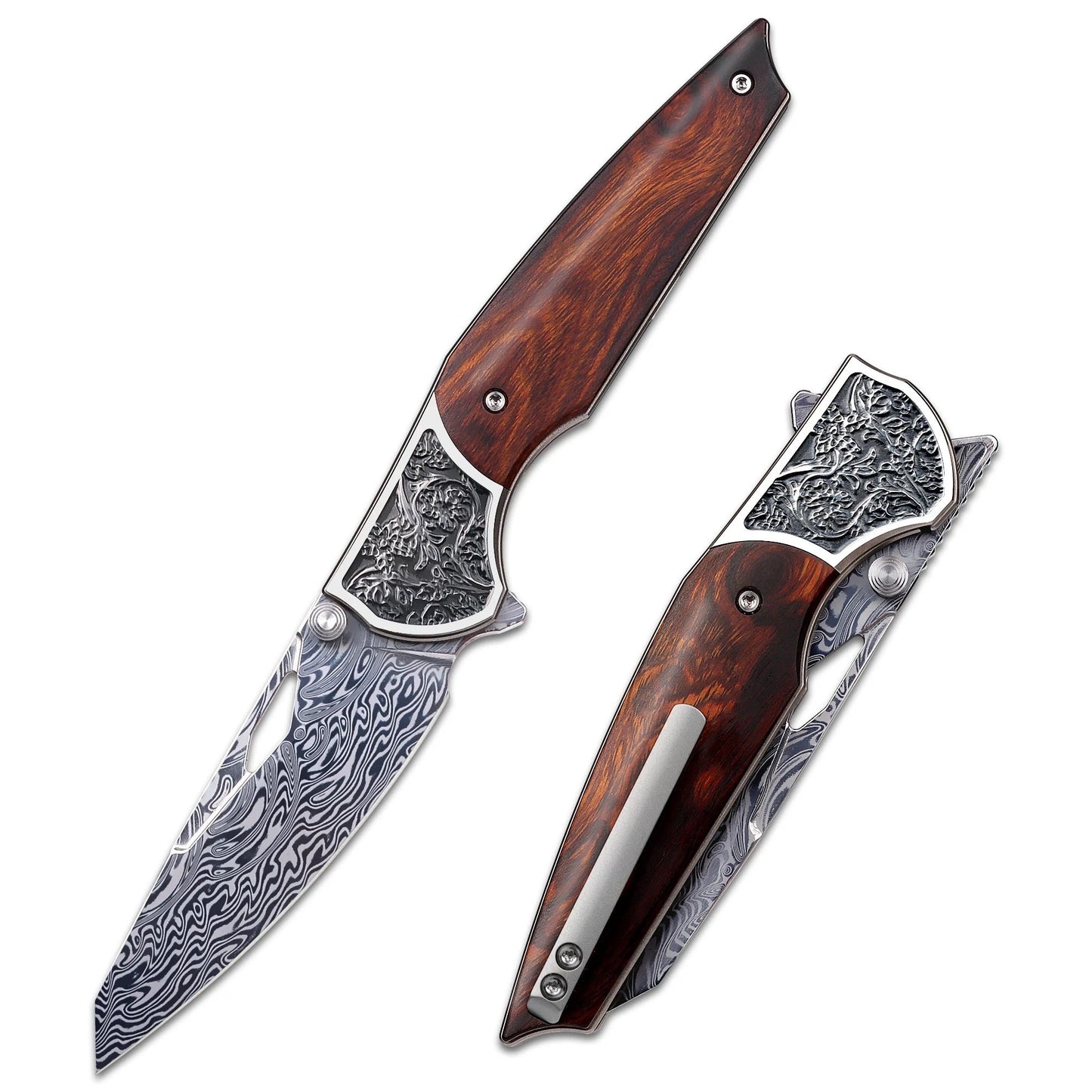 Remette WD107 Hidden Pivot Damascus Folding Knife – 3.15" Reverse Tanto Blade, Desert Ironwood & Titanium Handle