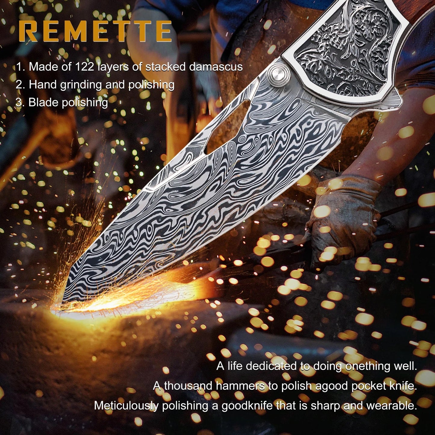 Remette WD107 Hidden Pivot Damascus Folding Knife – 3.15" Reverse Tanto Blade, Desert Ironwood & Titanium Handle