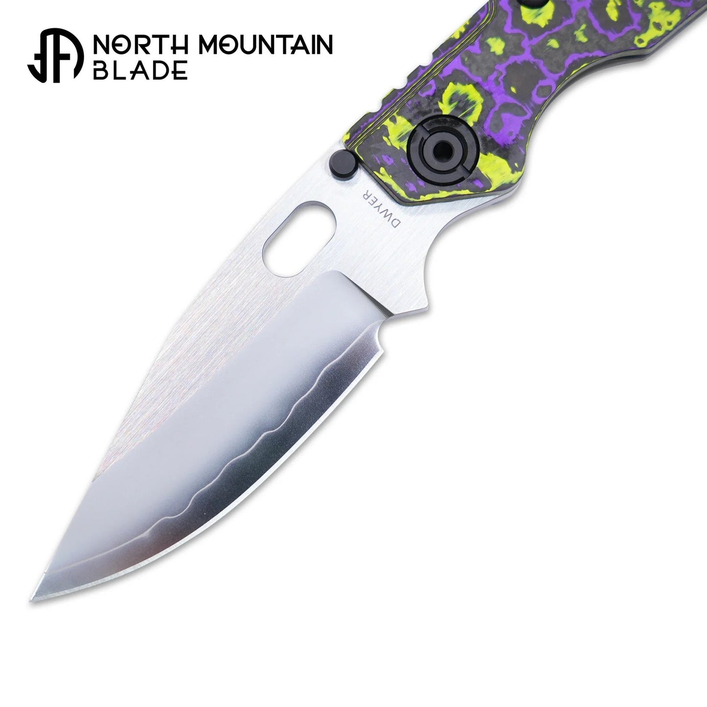 North Mountain Blade BBNM 2521-PRGR 3.54" SLD Bowie Folding Knife Purple & Yellow Ceramic Carbon Fiber Titanium Handle