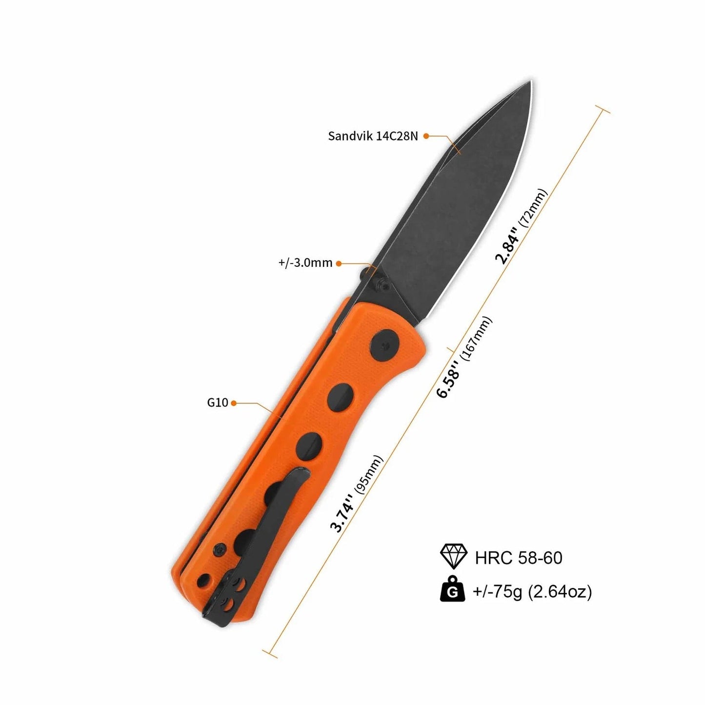 QSP Canary Folder 2.84in Black Stonewashed 14C28N Blade Orange G10 Handle QS150-B2