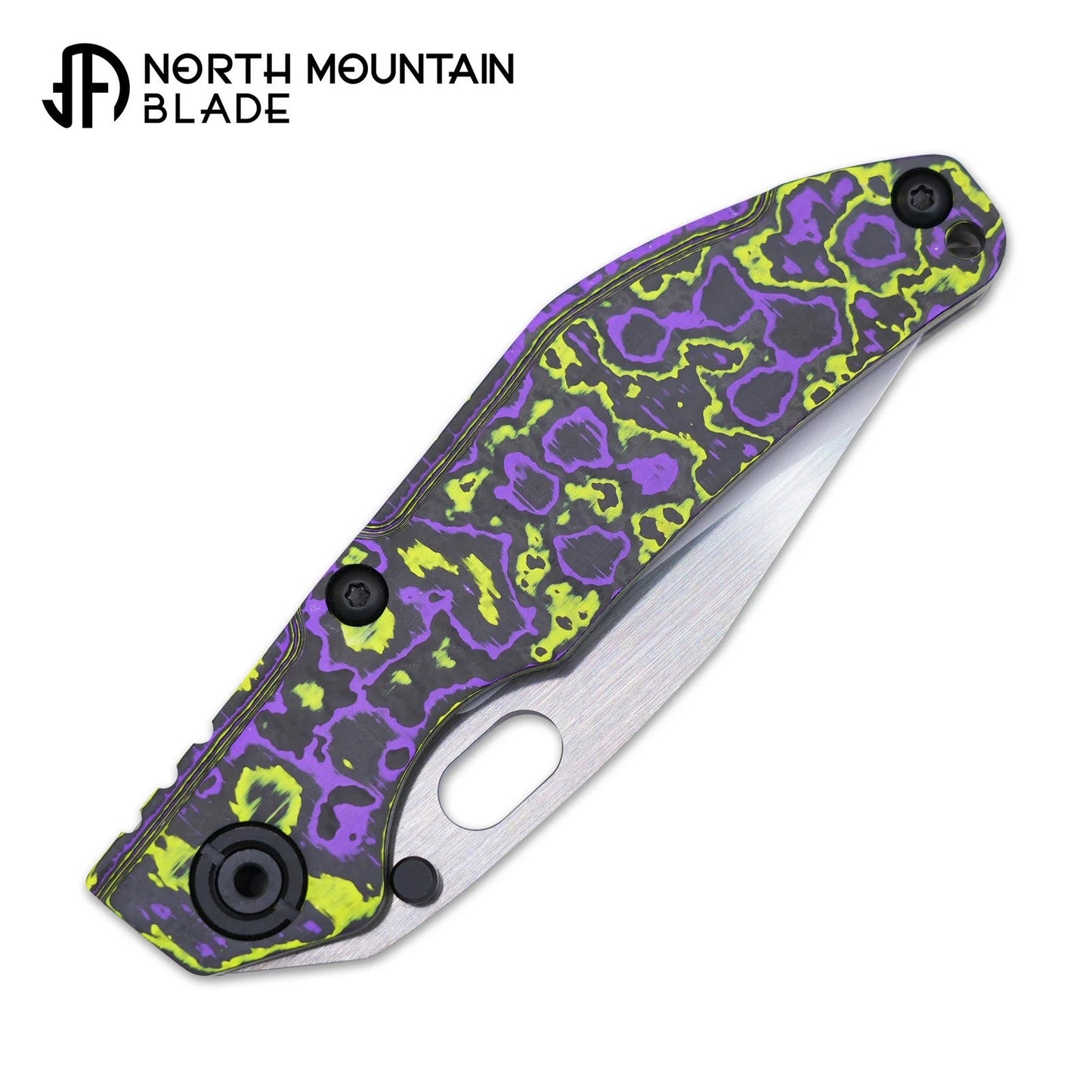 North Mountain Blade BBNM 2521-PRGR 3.54" SLD Bowie Folding Knife Purple & Yellow Ceramic Carbon Fiber Titanium Handle