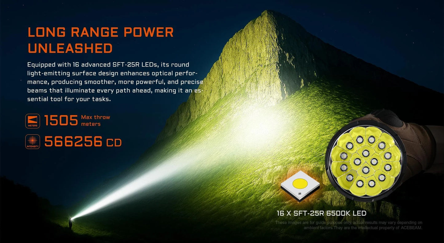 Acebeam X25 high-output searchlight side profile view