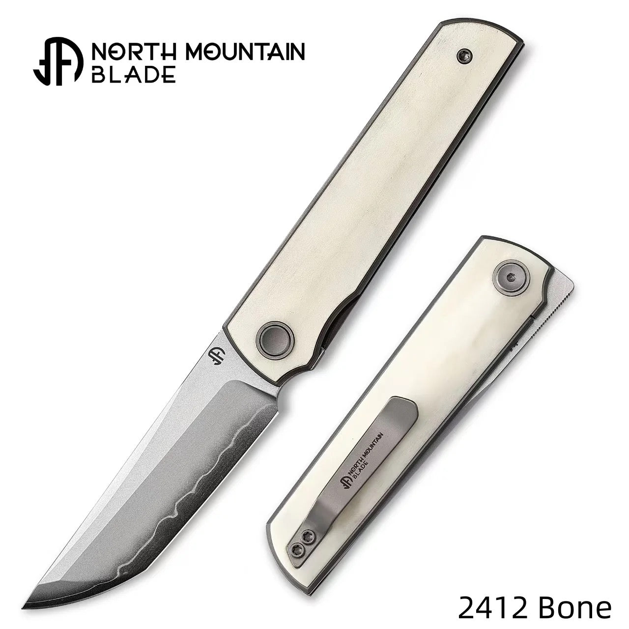 North Mountain Blade 2412-Bone CHOP 4 – SLD San Mai Japanese Tanto Front Flipper | Smooth Bone Handle | Liner Lock