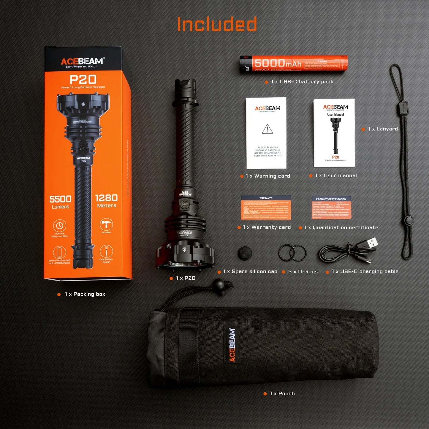 Acebeam P20 – 5500 Lumen Desert Long-Range Flashlight | USB-C Rechargeable Tactical Searchlight