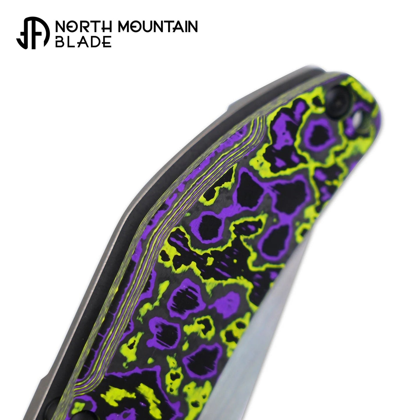 North Mountain Blade BBNM 2521-PRGR 3.54" SLD Bowie Folding Knife Purple & Yellow Ceramic Carbon Fiber Titanium Handle