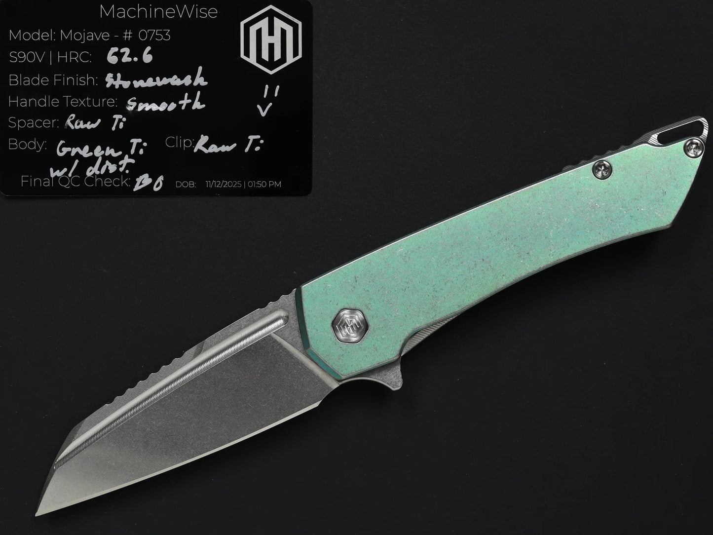 Machinewise Mojave 0753 – 3.45" Stonewash S90V Blade, Green Distressed Titanium Handles
