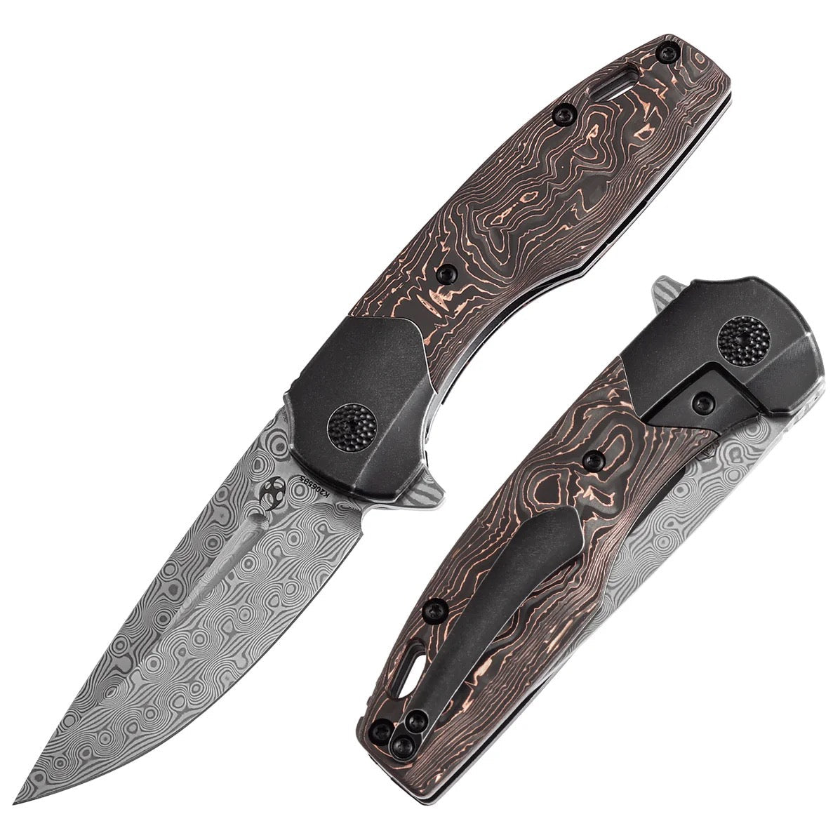 Kansept Cassowary 2.9" Damascus with Black Stonewashed Titanium & Copper Carbon Fiber Handles - K2065B5