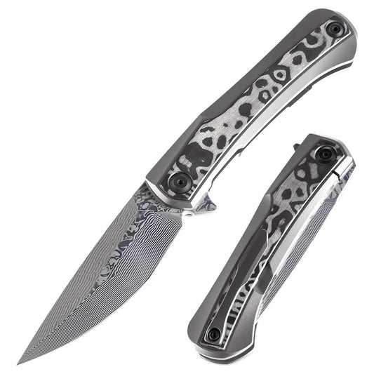 Kansept Knives Kratos K1024A5 â€“ 3.79â€³ Damascus Flipper with Titanium & Black Rose Carbon Fiber Inlay, Frame Lock