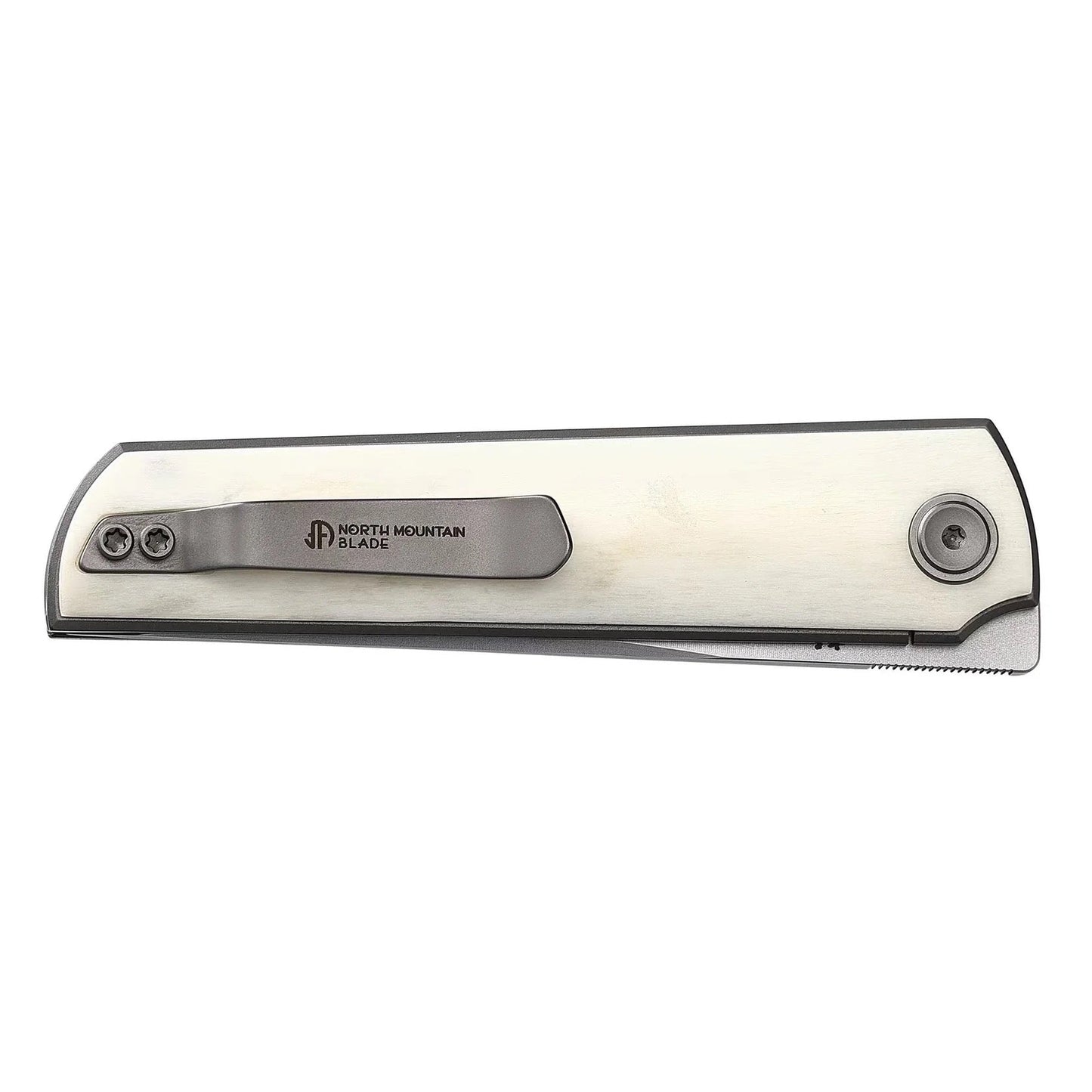 North Mountain Blade 2412-Bone CHOP 4 – SLD San Mai Japanese Tanto Front Flipper | Smooth Bone Handle | Liner Lock