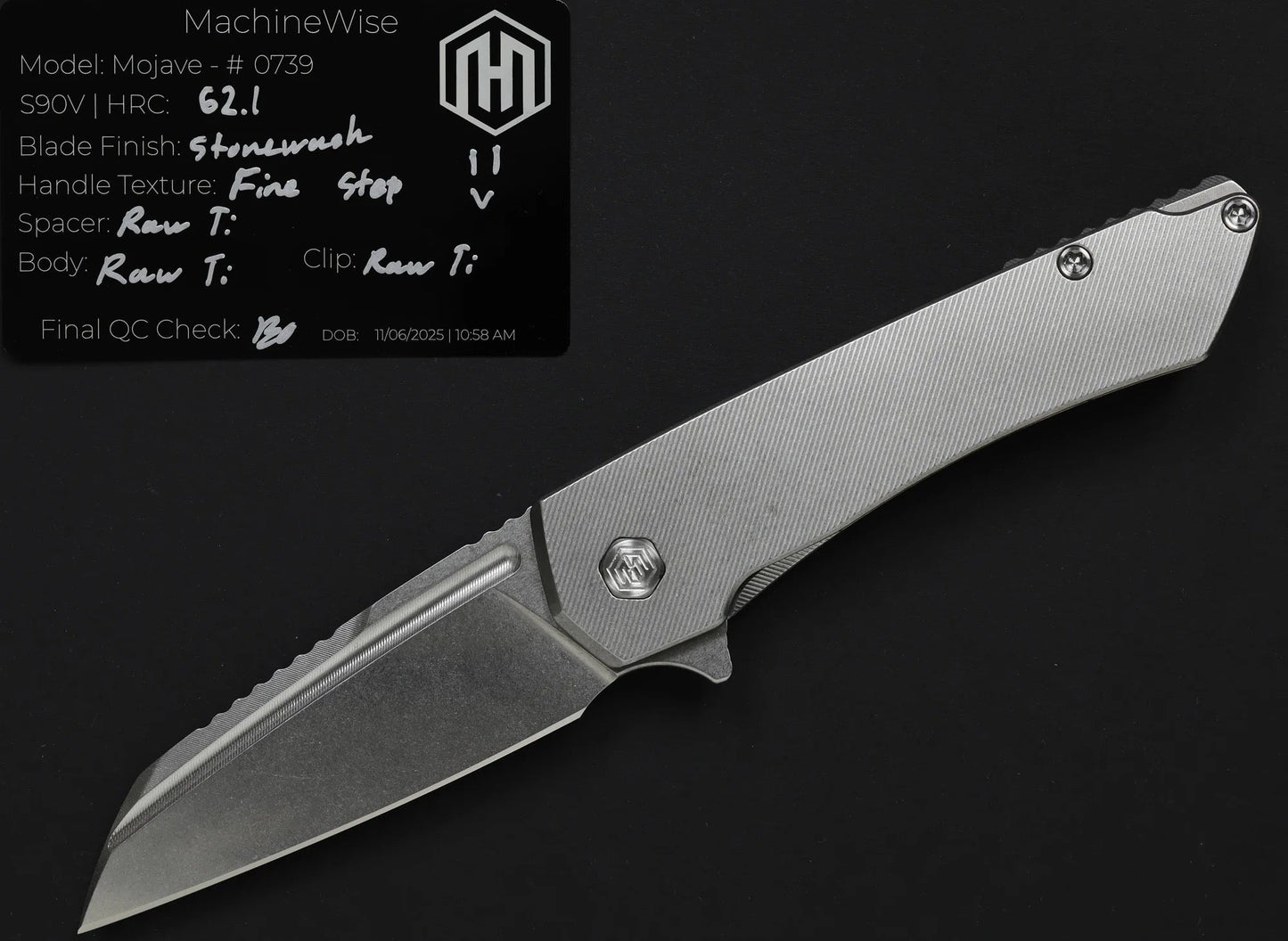 Machinewise Mojave 0739 – 3.45" Stonewash S90V Blade, Finestep Textured Raw Titanium Handles