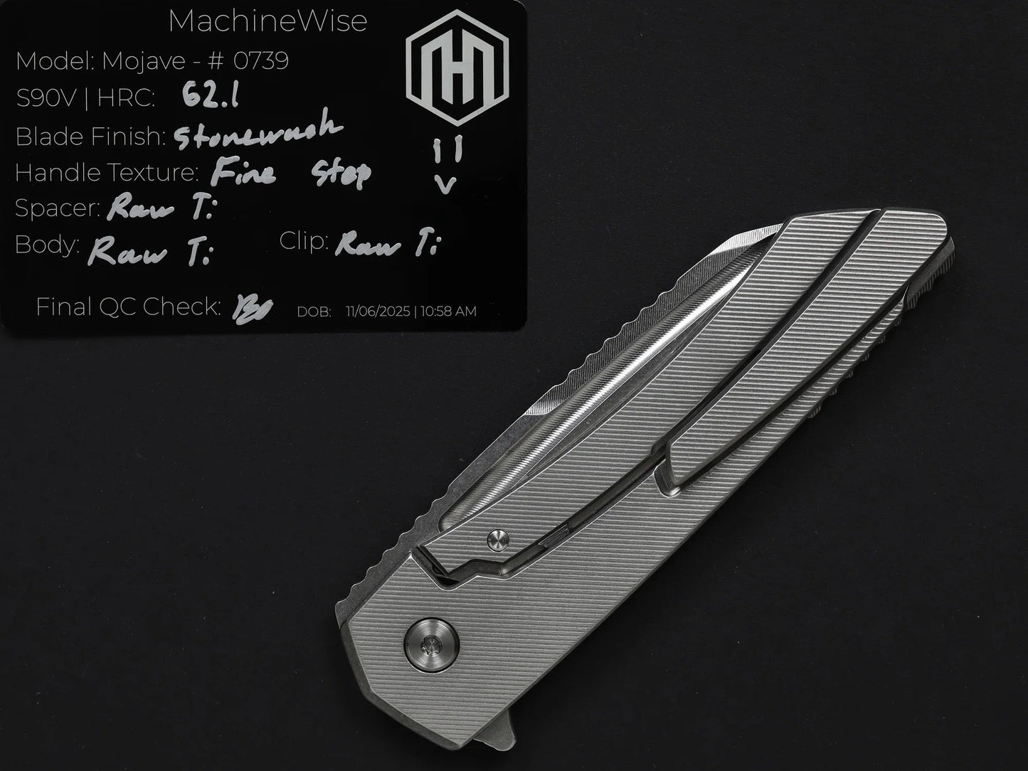 Machinewise Mojave 0739 – 3.45" Stonewash S90V Blade, Finestep Textured Raw Titanium Handles
