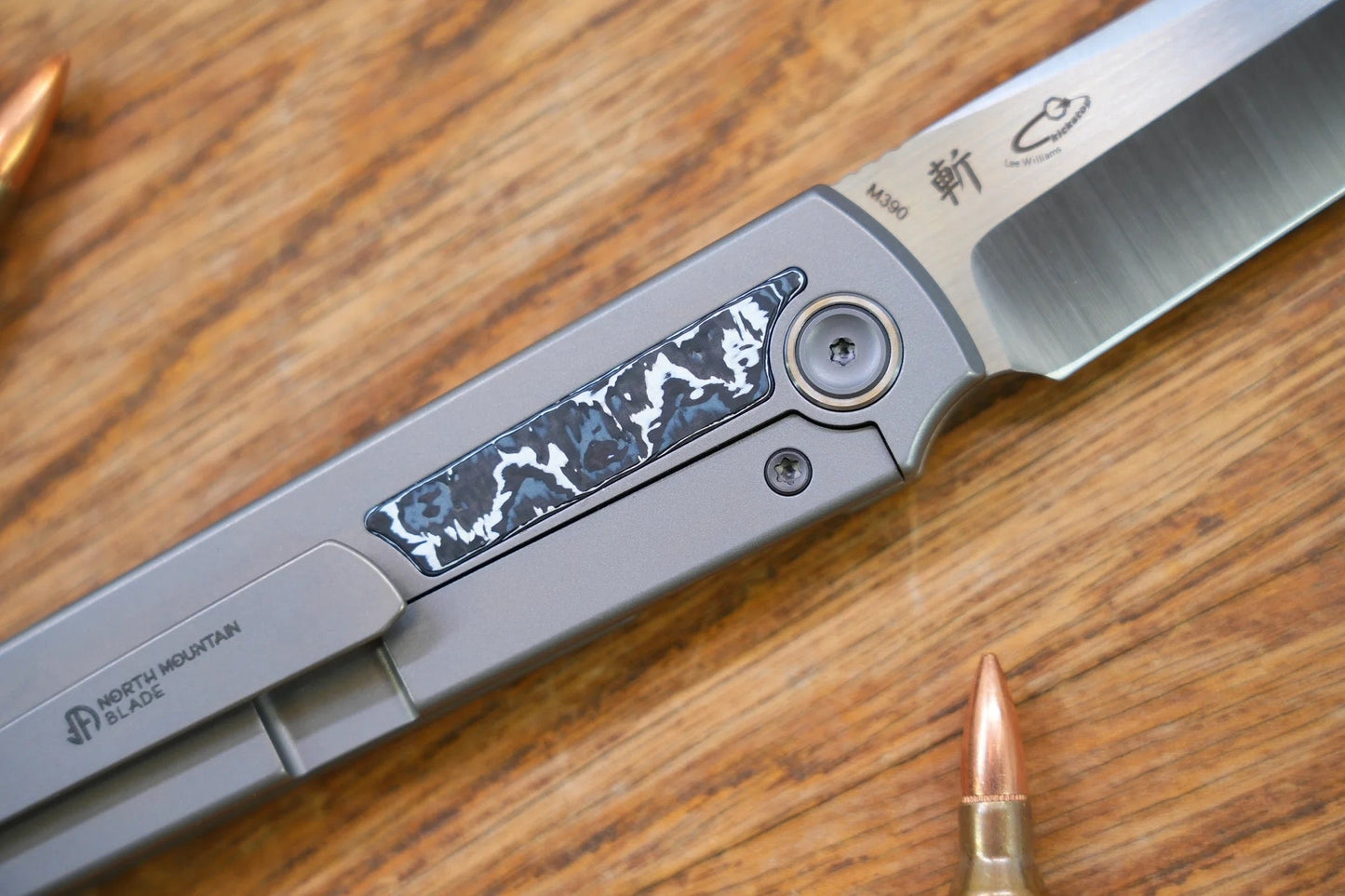 North Mountain Blade Kick Stop Chop Japanese Tanto M390 Blade Ceramic Carbon Fiber Inlay Titanium handle