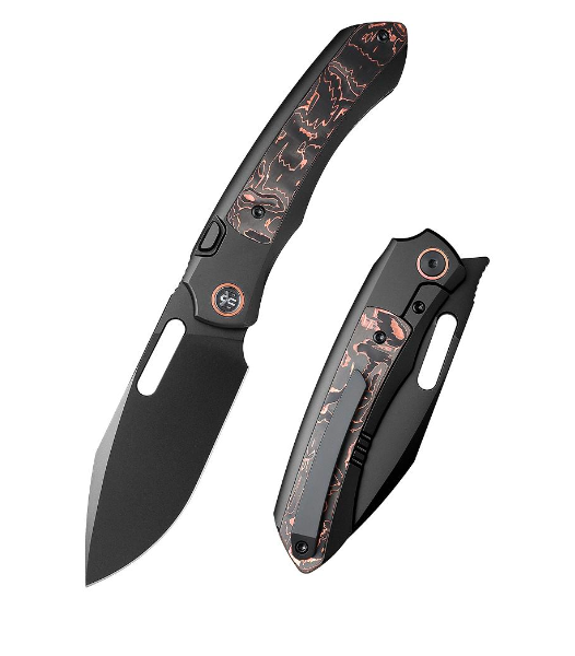 Remette RT-Orca ORCATB – 3.15″ DLC M390 Drop Point, Titanium & Copper Foil Carbon Fiber, Button Frame Lock