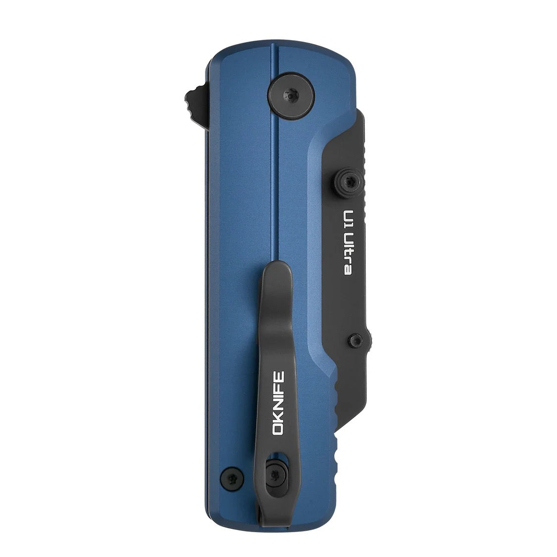 Rear view of OKnife U1 Ultra Navy Blue utility knife with black clip and handle