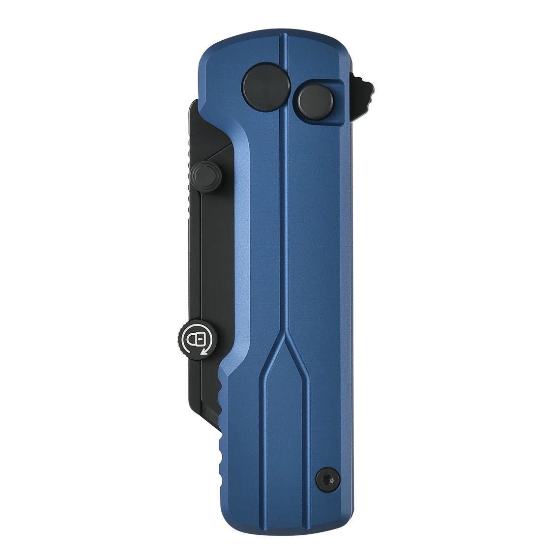 Side view of OKnife U1 Ultra Navy Blue utility knife with blade extended