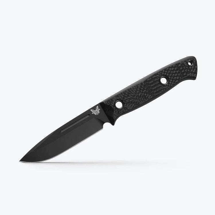 Benchmade Bushcrafter 163BK front view – 4.38″ black CPM-CruWear drop point fixed blade knife