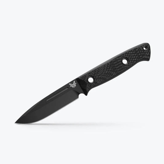 Benchmade Bushcrafter 163BK front view – 4.38″ black CPM-CruWear drop point fixed blade knife