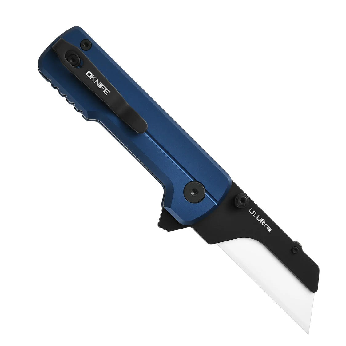 OKnife U1 Ultra Navy Blue utility knife with transparent blade guard