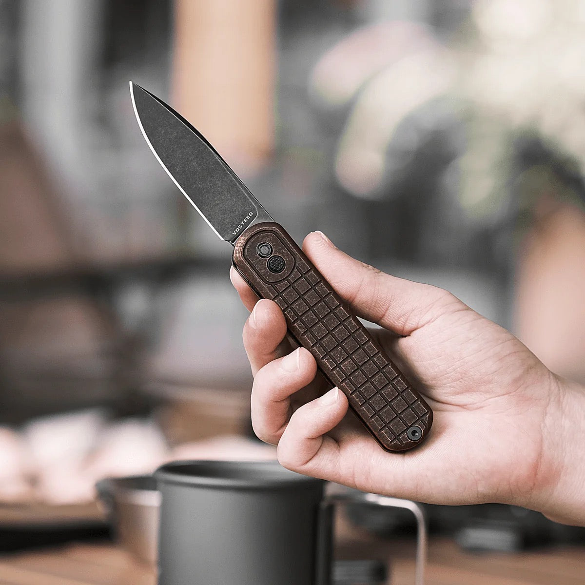 Vosteed Corgi CG29NTORF 2.99in Nitro-V Black Stonewashed Blade Copper Grid Handle