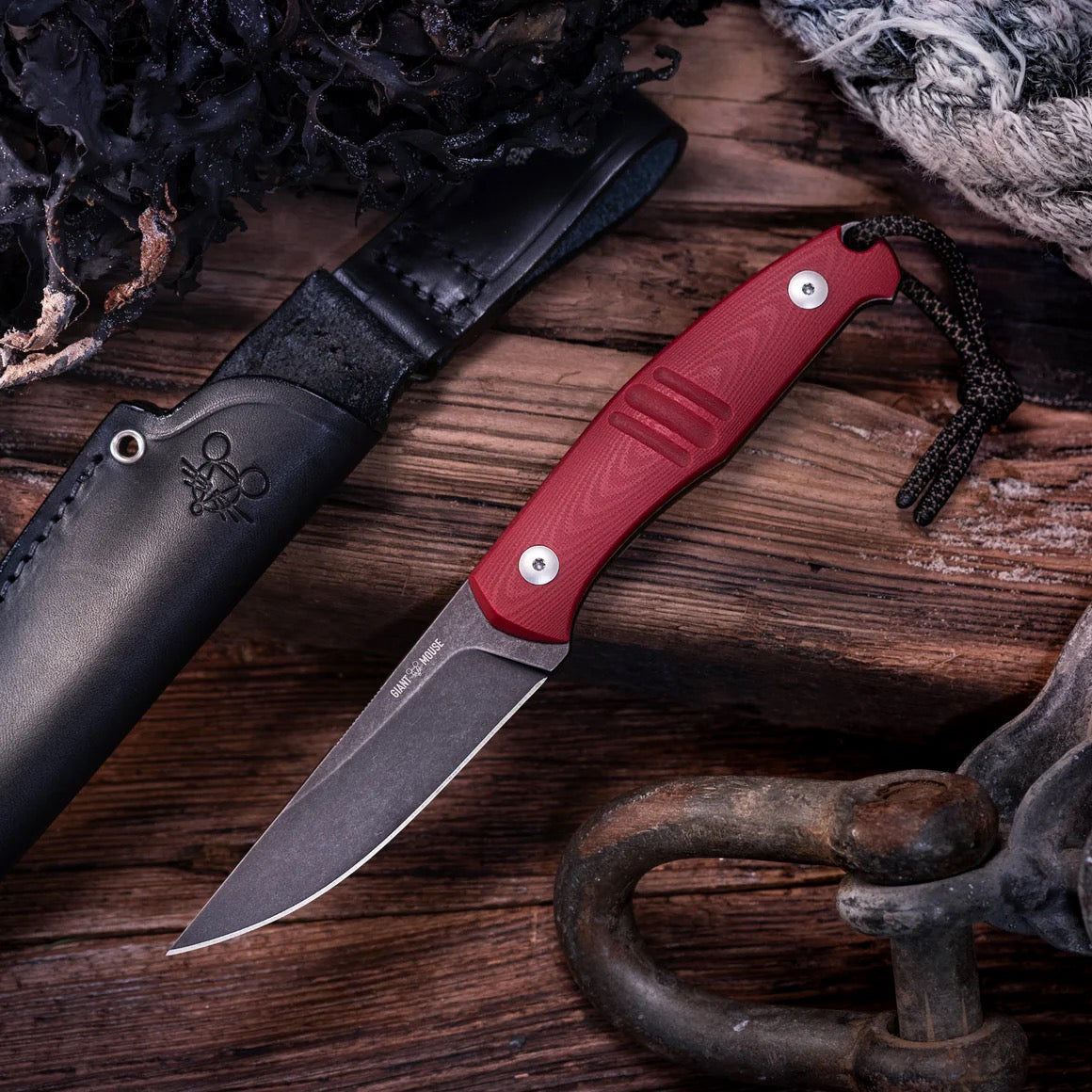 Giant Mouse GMF2-P-R 3.63in PVD N690 Fixed Blade Red G10 Handle Black Leather Sheath