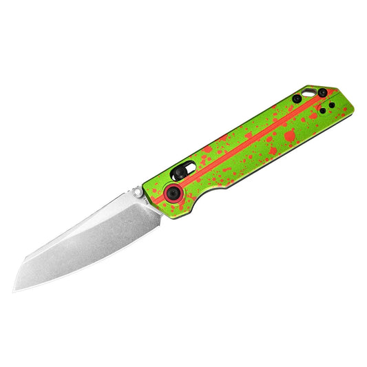 OKnife XEN Zombie Rail Lock Folding Knife with green and red splatter handle