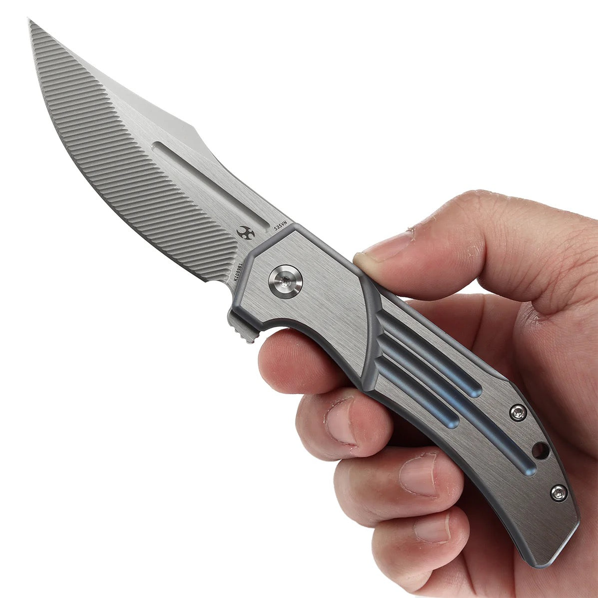 Kansept Orion 3.07in S35VN CNC Textured Milled Blade Blue and Satin Titanium Handle - K1089B1