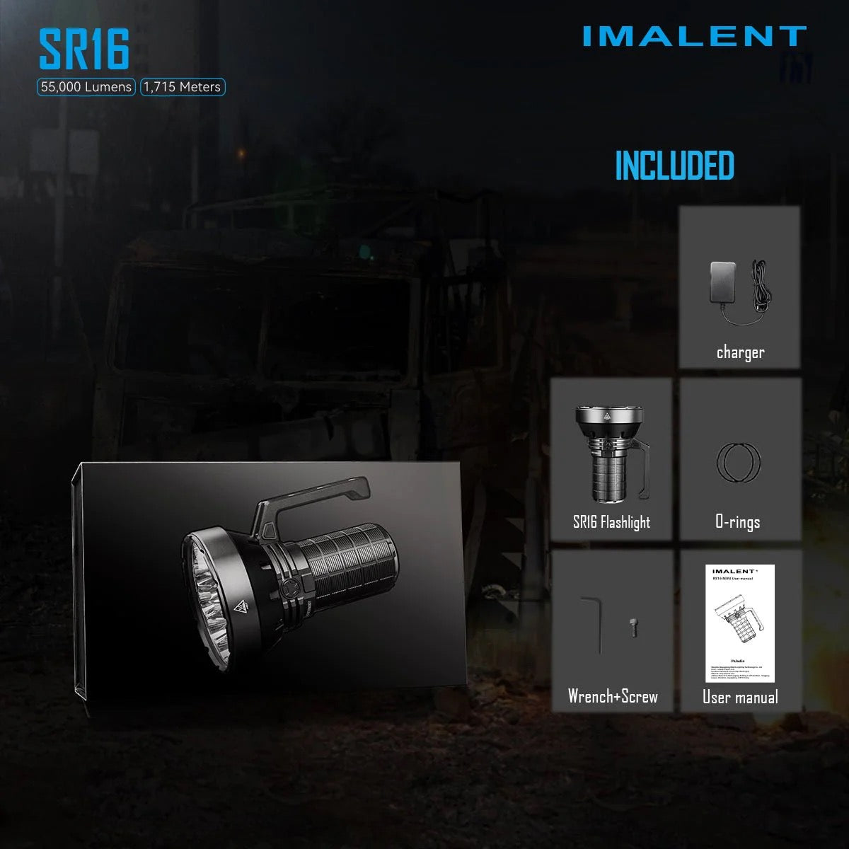 Imalent SR16 55,000 Lumen Long Distance Throwing Rechargeable Flashlight 16 * CREE XHP50.3 Hi LEDs