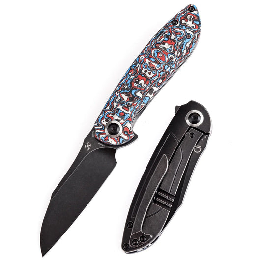 Kansept Prometheus 3.29in S35VN Blackwash Blade Nebula Red/White/Blue Carbon Fiber Handle - K1040A2