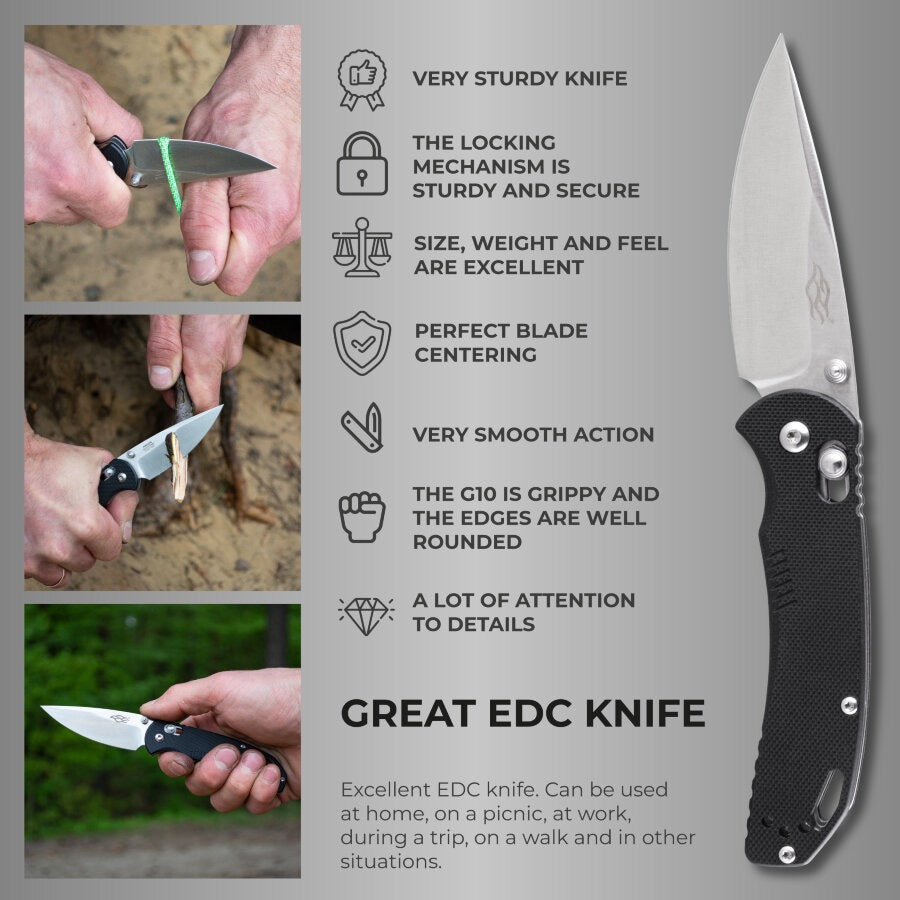 Ganzo Firebird F753M1-BK open position showing 440C drop point blade
