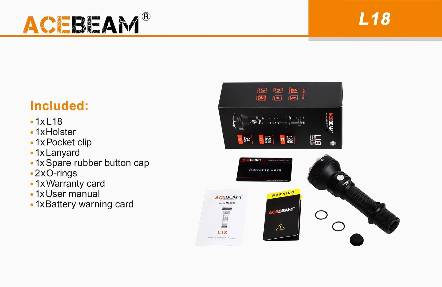 Acebeam L18 1500 Lumen 250k Candela Hunting Flashlight - OPEN BOX