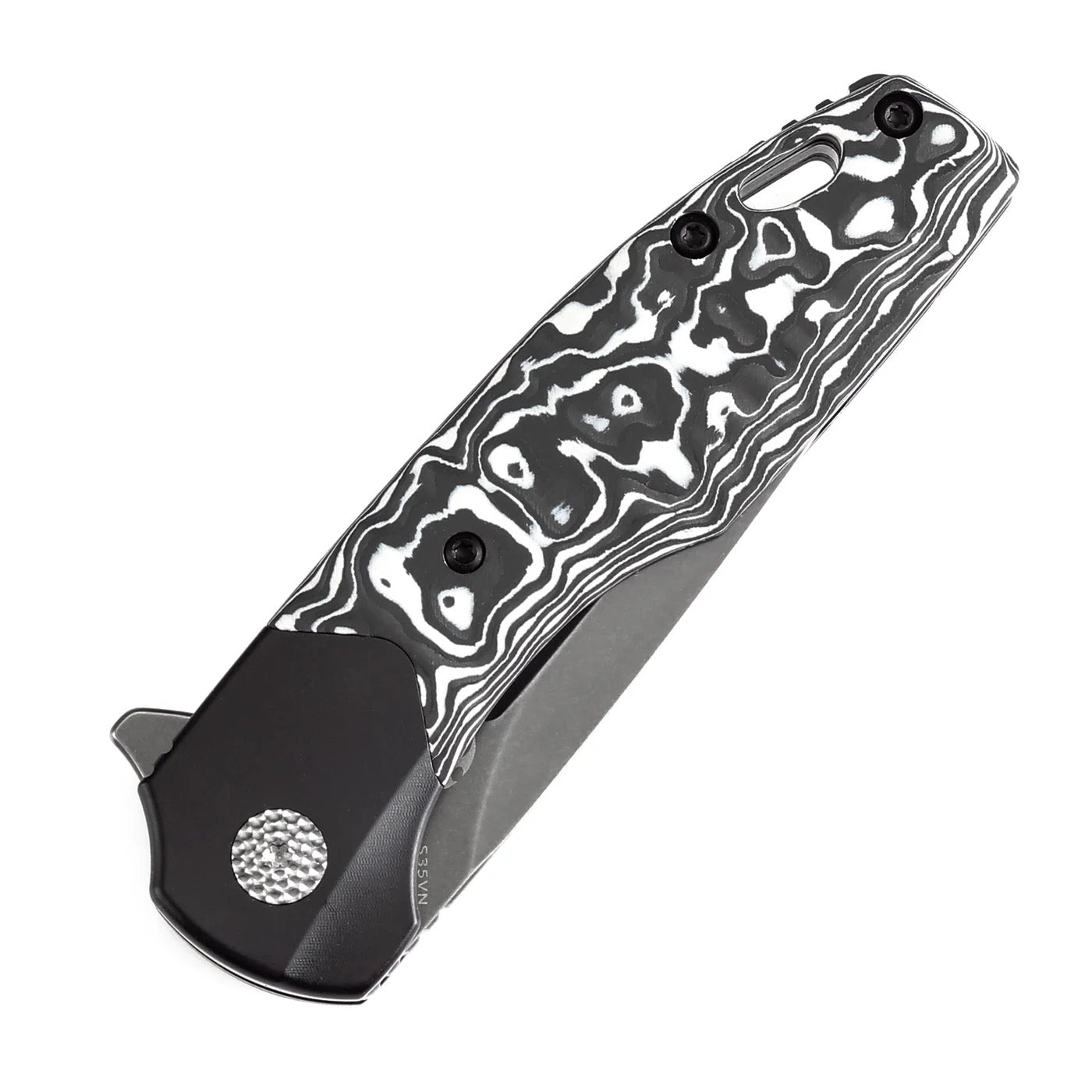 Kansept Cassowary 2.9in S35VN Grey TiCn Coated Stonewashed Blade Black White Nebula Carbon Fiber Handle - K2065B2