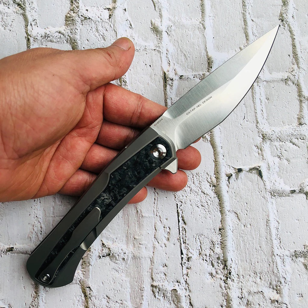 Kansept Kratos 3.79in S35VN Stonewashed Blade Shred Carbon Fiber Titanium Handle - K1024A10