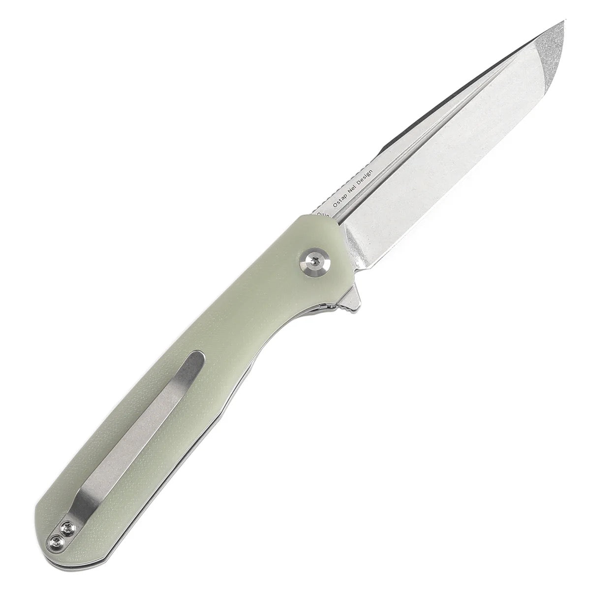 Kansept Qilin 3.34in 154CM Stonewashed Tanto Blade Jade G10 Handle - T1047T5