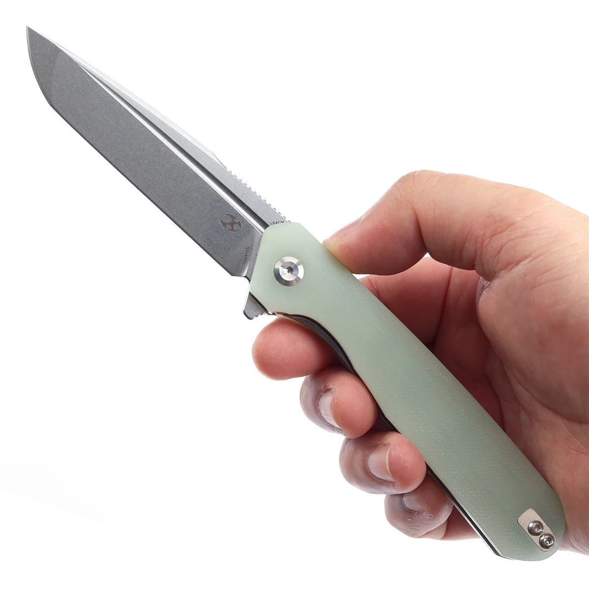 Kansept Qilin 3.34in 154CM Stonewashed Tanto Blade Jade G10 Handle - T1047T5