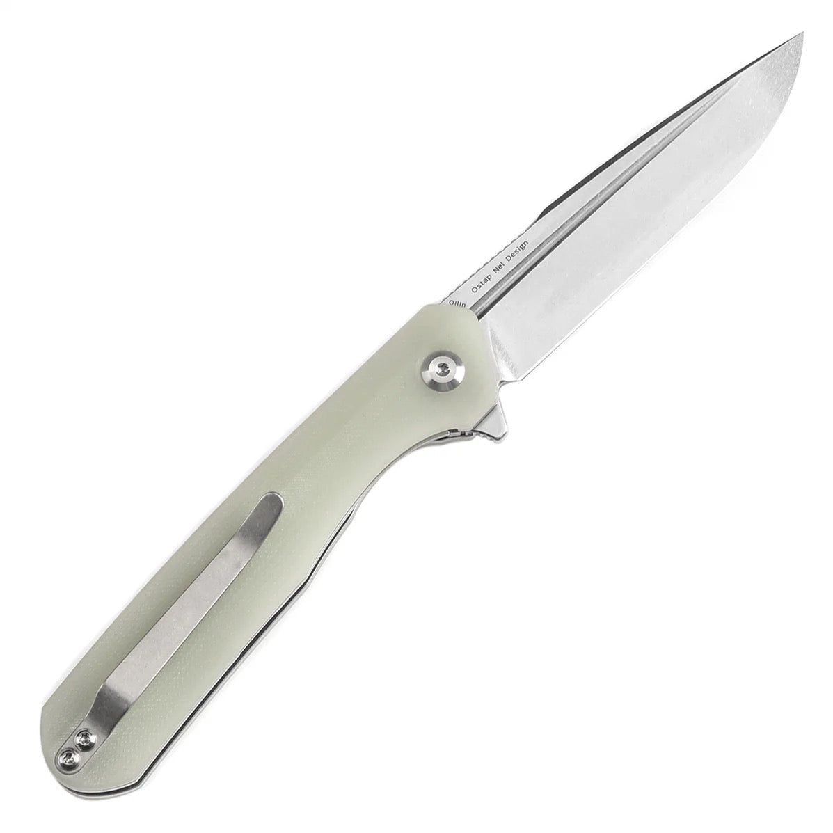 Kansept Qilin 3.43in 154CM Stonewashed Drop-Point Blade Jade G10 Handles - T1047A5