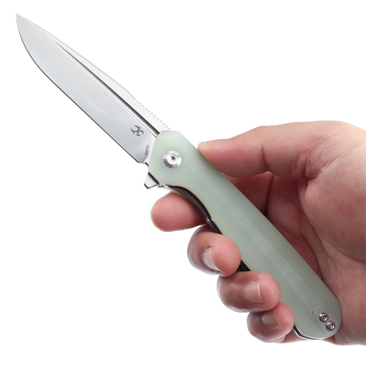 Kansept Qilin 3.43in 154CM Stonewashed Drop-Point Blade Jade G10 Handles - T1047A5