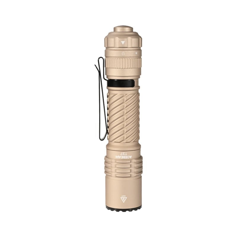 Acebeam T37 Desert Tan tactical flashlight front view with pocket clip, 4,000 lumen SFT-90X LED