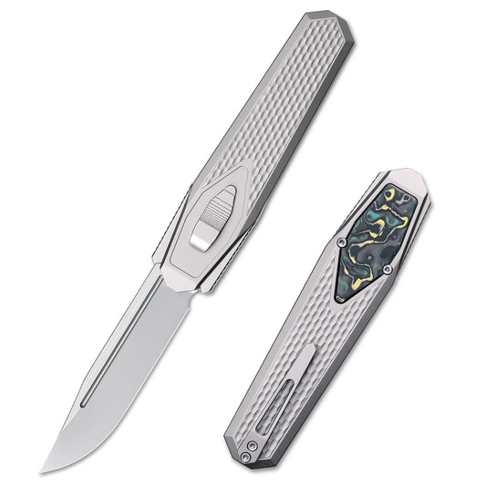 Remette Swordfish ZL101A2 – 3.03″ M390 Drop Point, Sandblasted Titanium with Gold Mokuti Inset, Slide Lock