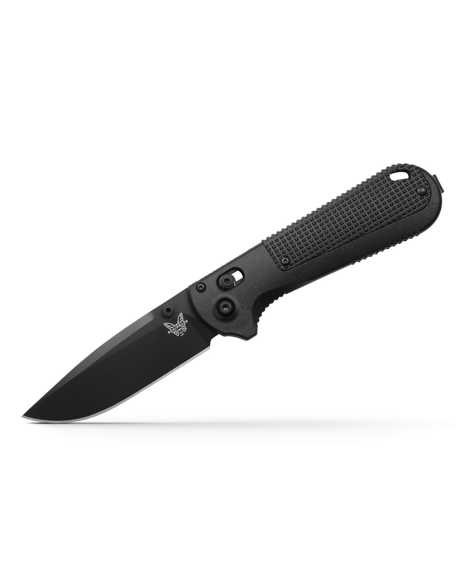 Benchmade Redoubt 430BK-02 front view, 3.55″ black CPM-D2 drop point folding knife