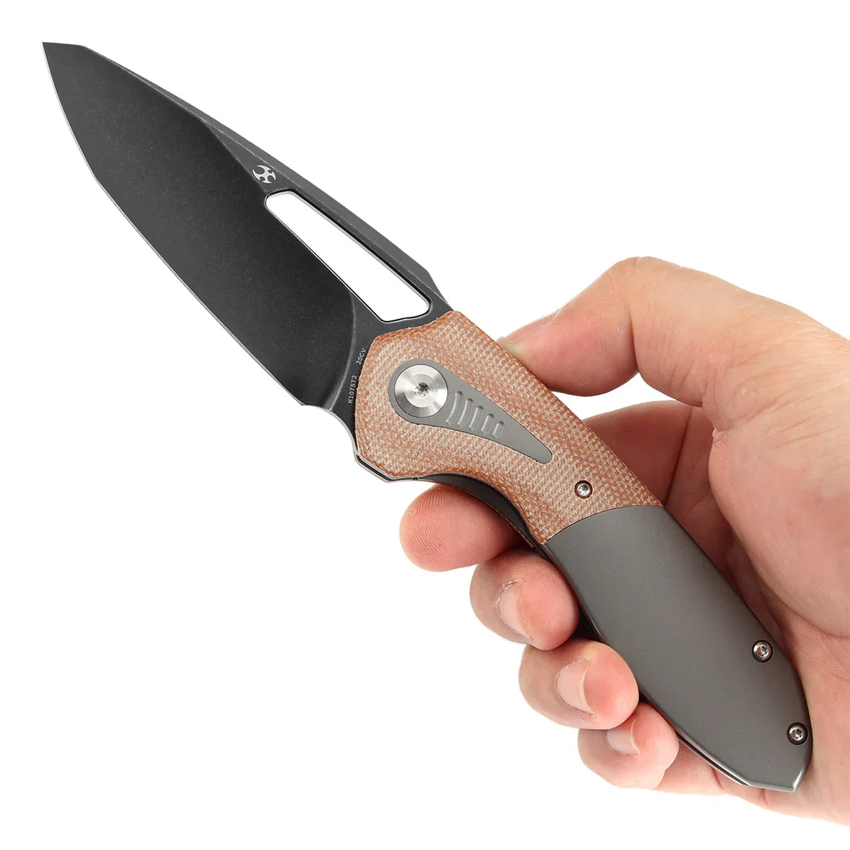 Kansept Thoth 3.14" Blackwash CPM 20CV Gray Anodized Titanium +Brown Micarta Gray BrownK1075T2