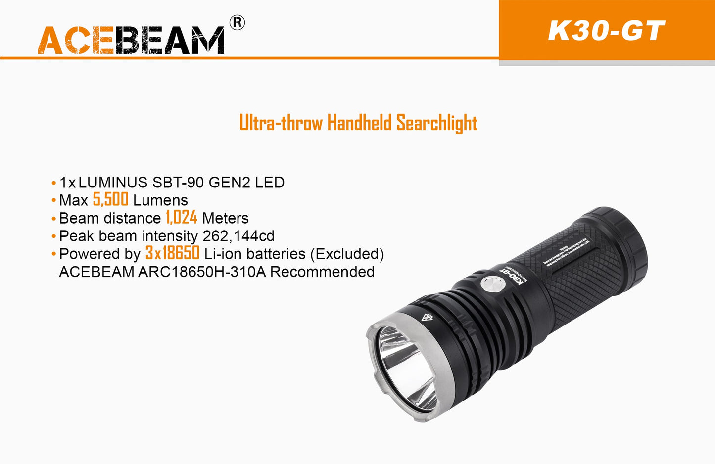 Acebeam K30GT 5,500 Lumen Rechargeable Flashlight - LUMINUS SBT 90 GEN2 LED