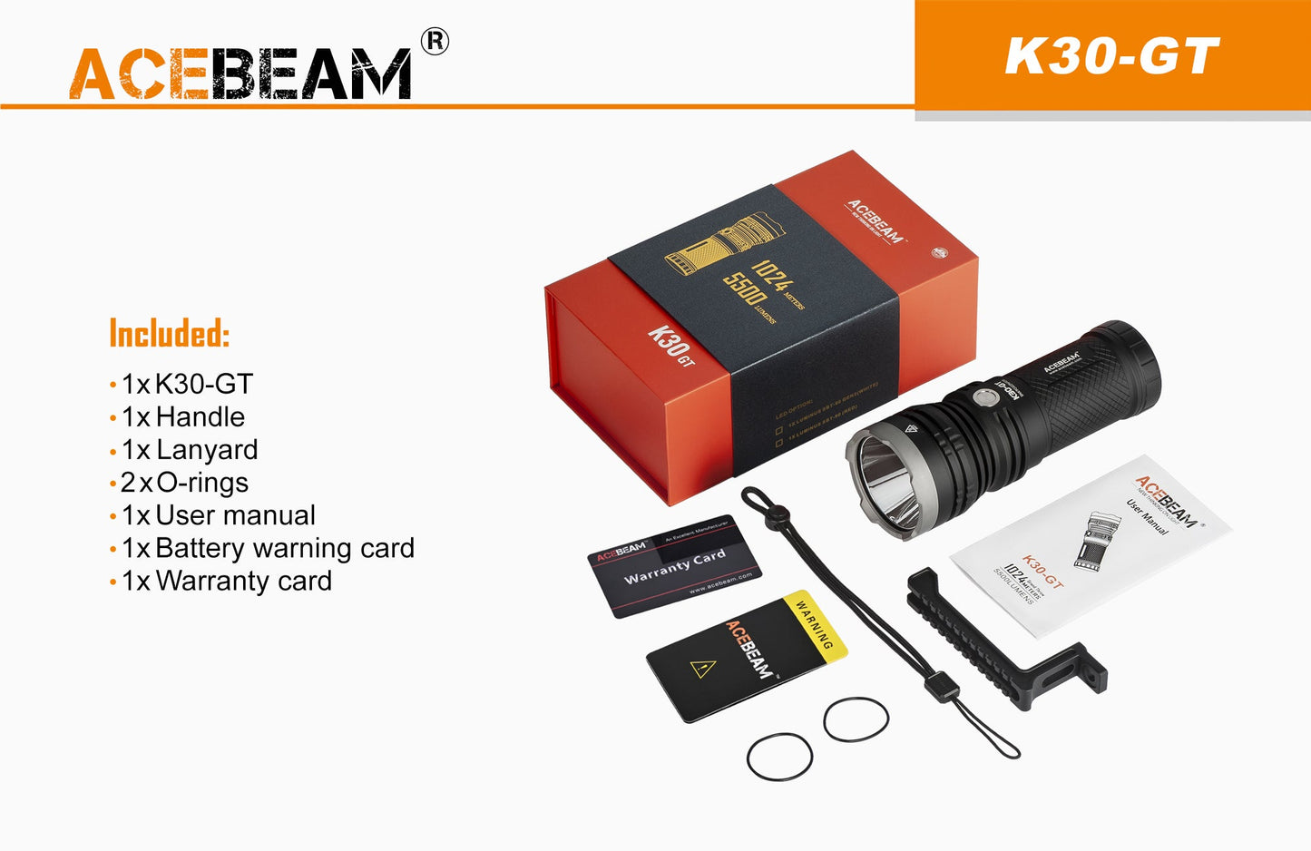 Acebeam K30GT 5,500 Lumen Rechargeable Flashlight - LUMINUS SBT 90 GEN2 LED