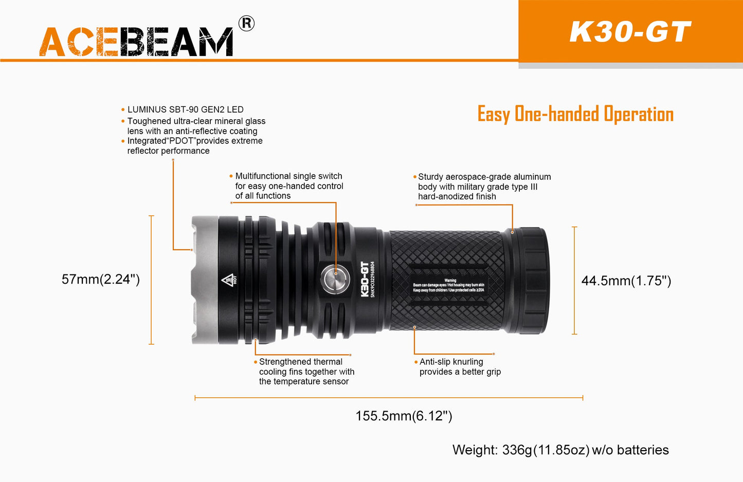 Acebeam K30GT 5,500 Lumen Rechargeable Flashlight - LUMINUS SBT 90 GEN2 LED