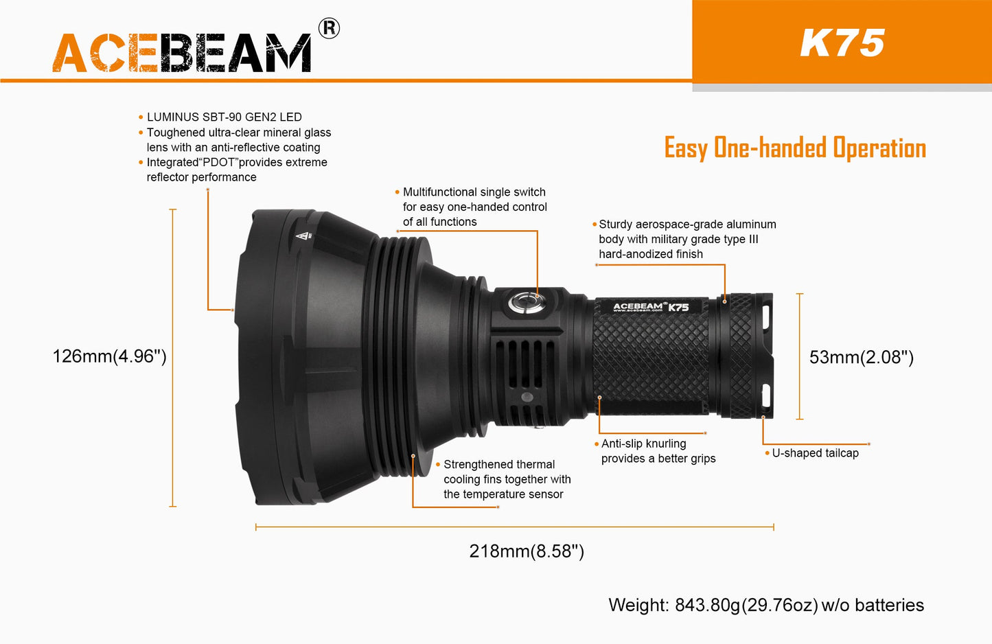 Acebeam K75 6300 Lumen Flashlight - 1xLUMINUS SBT-90-GEN2 LED 4*18650 Batteries Preinstalled