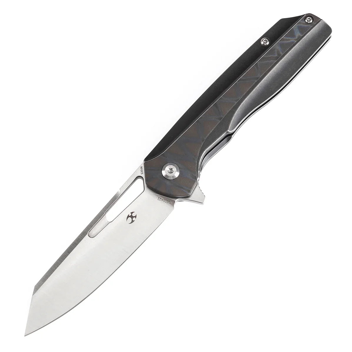 KANSEPT Shard K1006A22 – Satin CPM-S35VN Blade, Tiger Stripe Flamed Titanium + Black Stonewashed Titanium Handle, Kim Ning Design