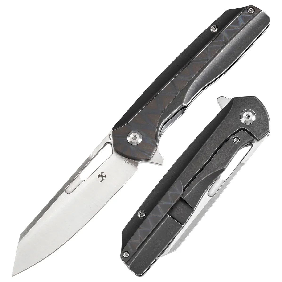 KANSEPT Shard K1006A22 – Satin CPM-S35VN Blade, Tiger Stripe Flamed Titanium + Black Stonewashed Titanium Handle, Kim Ning Design